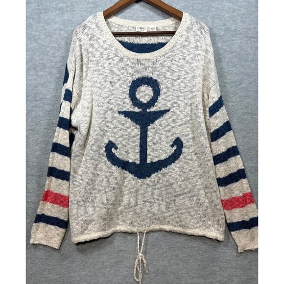 Cato Women's Nautical Anchor Sweater 22/24W Blue Cream Stripes Beach - Picture 1 of 6